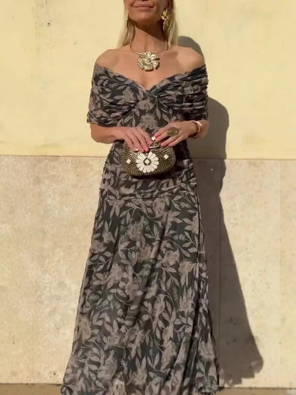 Robe Femme Longue – Épaules Dénudées – Col V – Imprimé Floral – Tissu Léger