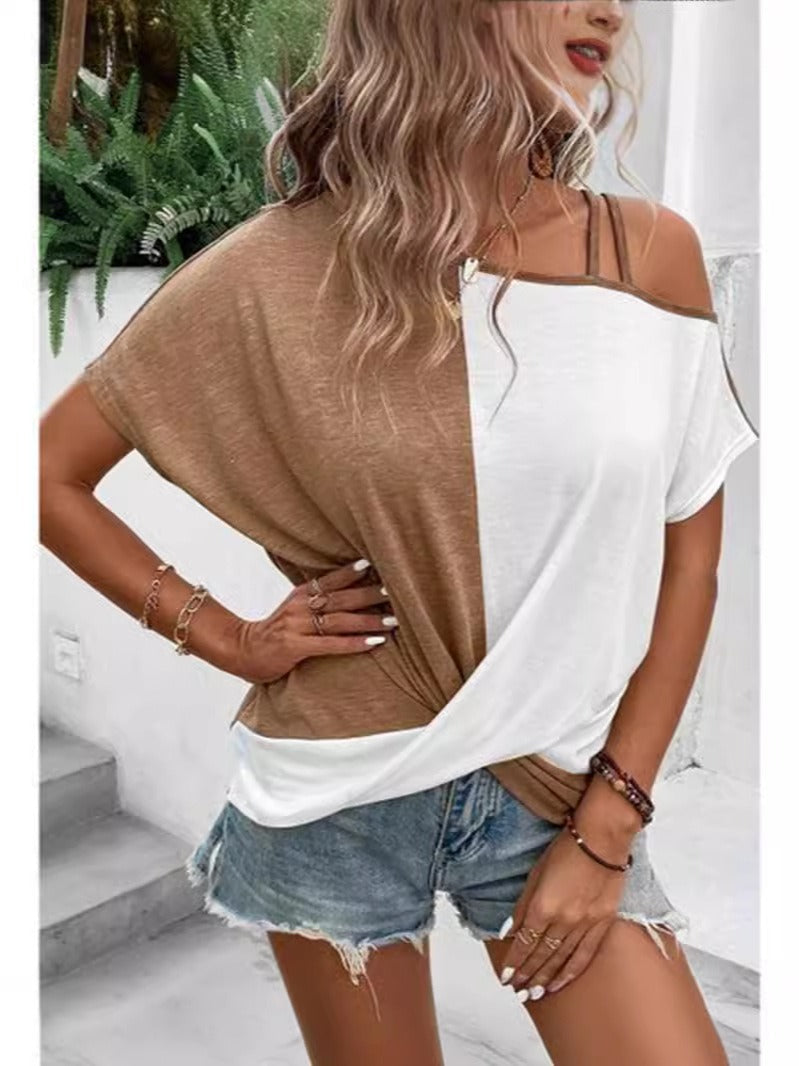 T-shirt femme – Coupe décontractée – Encolure asymétrique – Détail bretelle – Coton