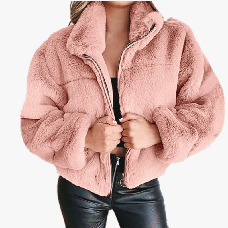 Manteau femme court en fausse fourrure – Coupe oversize – Col montant zippé
