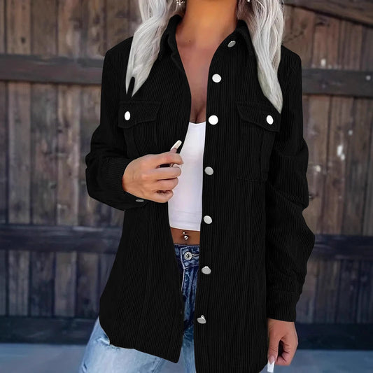 Veste chemise femme – Coupe décontractée – Côtelée – Boutonnage frontal – Poches poitrine