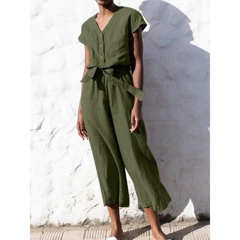 Combinaison femme – Coton – Coupe décontractée – Manches courtes – Ceinture nouée – Jambes 7/8