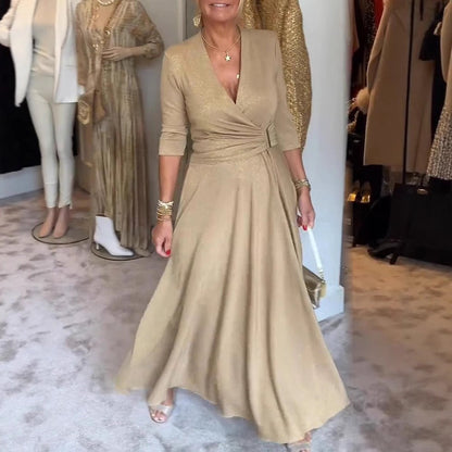 Robe longue femme – Coupe évasée – Décolleté cache-cœur – Manches 3/4 élégantes