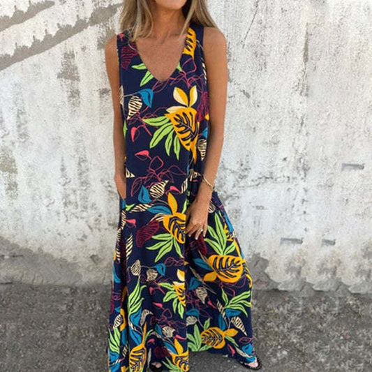 Robe sans manches femme – coton léger – coupe ample – col en V – motif feuilles