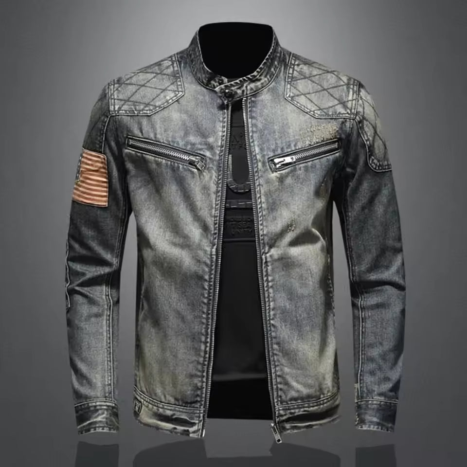 Veste en jean homme – Coupe slim – Col montant zippé – Épaules matelassées