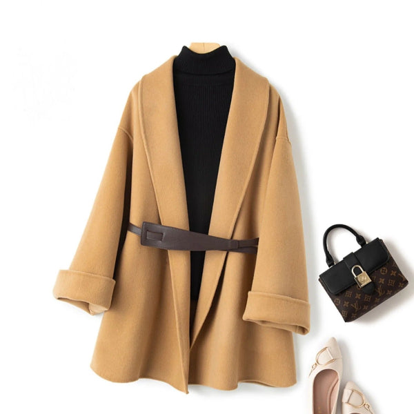 Femme Manteau - Laine Mélangée - Col Châle - Longueur Mi-Cuisse