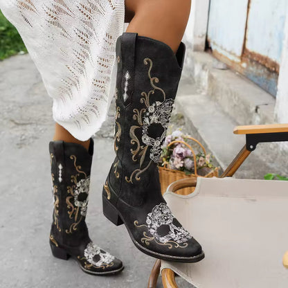 Bottes cowboy femme – cuir lisse – motif tête de mort – mi-mollet – talon épais