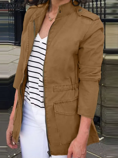 Veste cargo femme – Coupe décontractée – Coton – Col montant – Poches à rabat – Zip frontal