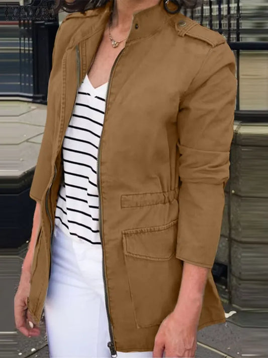 Veste cargo femme – Coupe décontractée – Coton – Col montant – Poches à rabat – Zip frontal