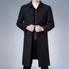 Manteau long homme – Coupe ajustée – Tissu effet laine – Revers crantés – Fermeture boutonnée
