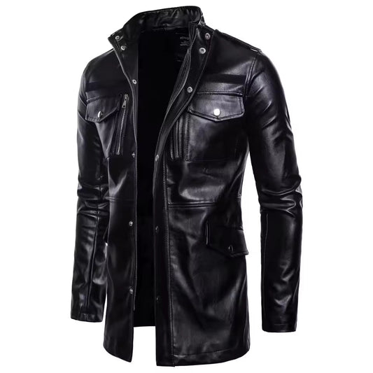Veste en cuir homme – Coupe ajustée – Col haut – Fermeture zippée – 4 poches