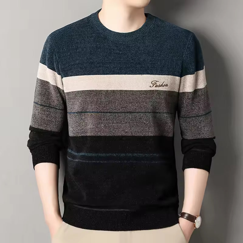 Pull homme – Maille laine – Coupe classique – Motif rayé – Col rond