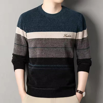 Pull homme – Maille laine – Coupe classique – Motif rayé – Col rond