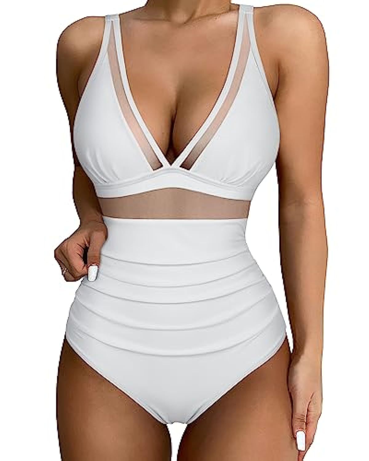 Maillot de bain 1 pièce femme – Décolleté plongeant – Maille sculptante – Empiècements en tulle