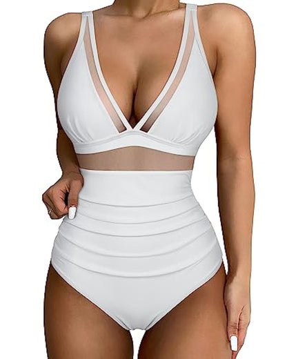 Maillot de bain 1 pièce femme – Décolleté plongeant – Maille sculptante – Empiècements en tulle