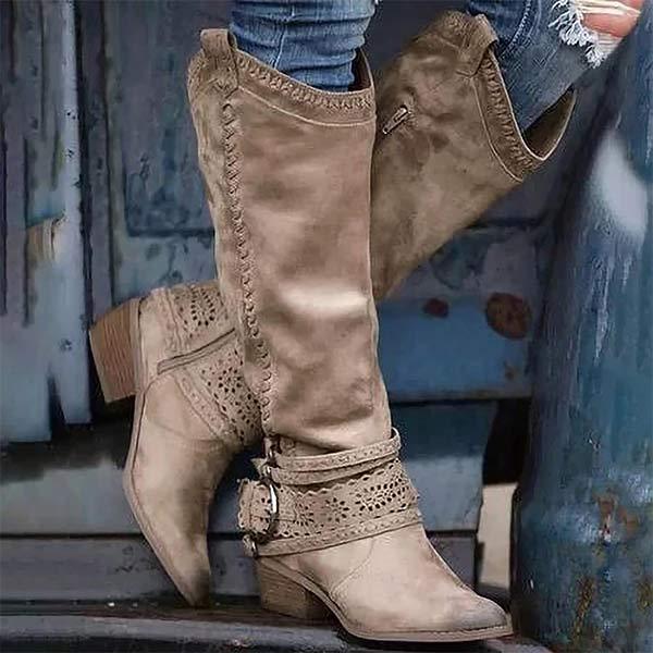 Bottes hautes femme – effet suédé – broderies – bride à boucle – talon bloc