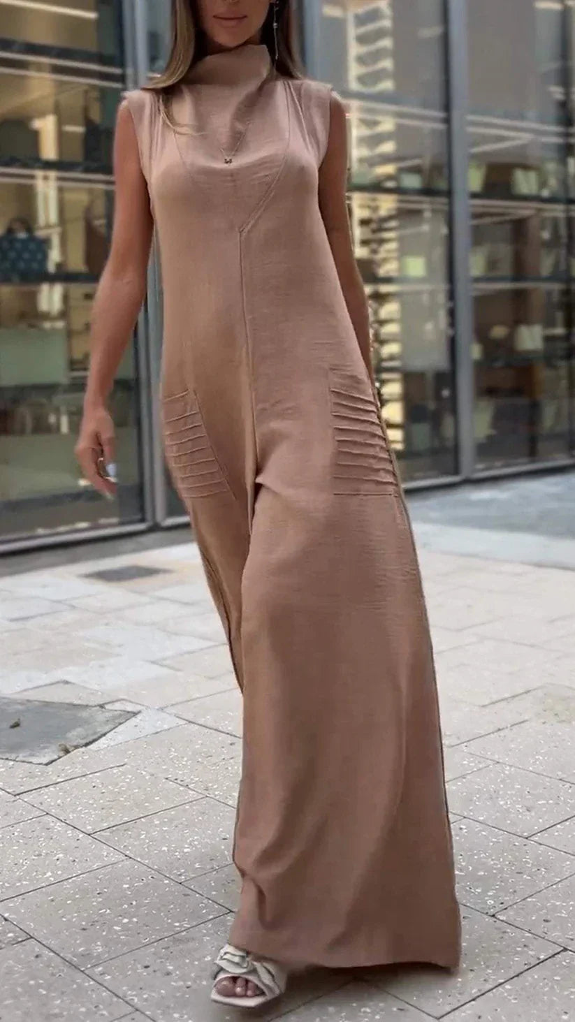 Combinaison Pantalon Femme – Sans Manches – Jambes Larges – Col Montant – Coupe Longue