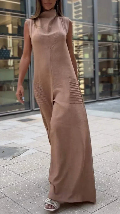 Combinaison Pantalon Femme – Sans Manches – Jambes Larges – Col Montant – Coupe Longue