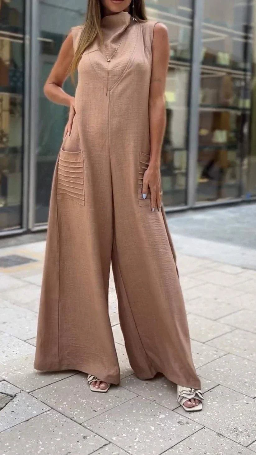 Combinaison Pantalon Femme – Sans Manches – Jambes Larges – Col Montant – Coupe Longue