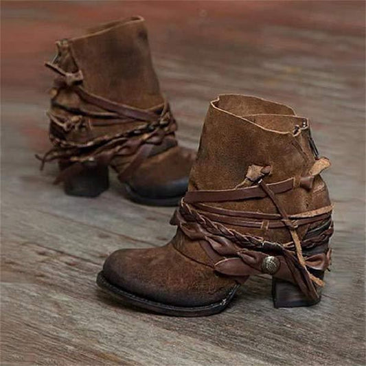 Bottines femme – Cuir véritable – Talon bloc – Bout rond – Style western avec brides