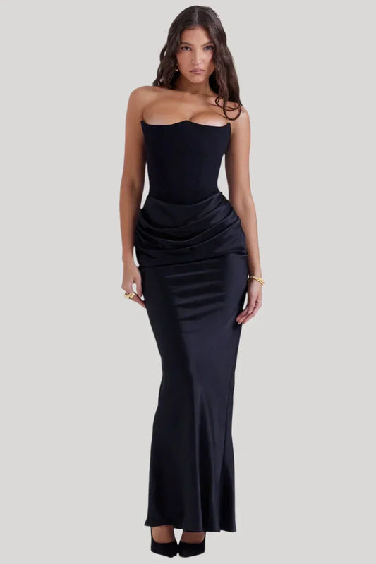 Robe Longue Femme – Sans Bretelles – Tissu Satiné – Coupe Drapée Élégante