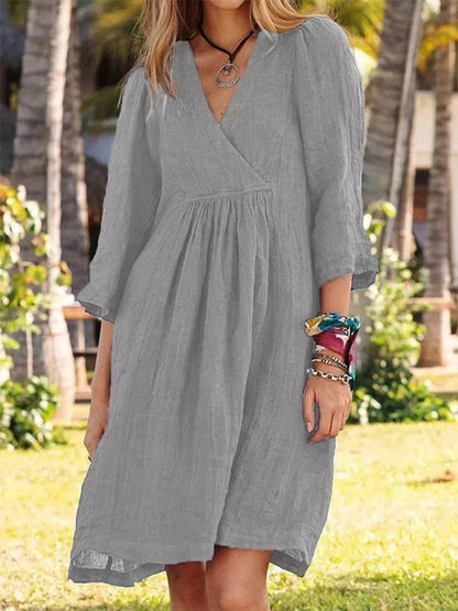 Julia - Robe portefeuille à col en V pour femme - Manches 3/4 - Tenue d'été décontractée