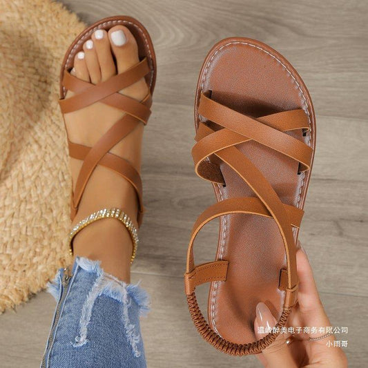 Sandales Femme - Brides Croisées Similicuir - Semelle Plate Confortable - Bout Ouvert
