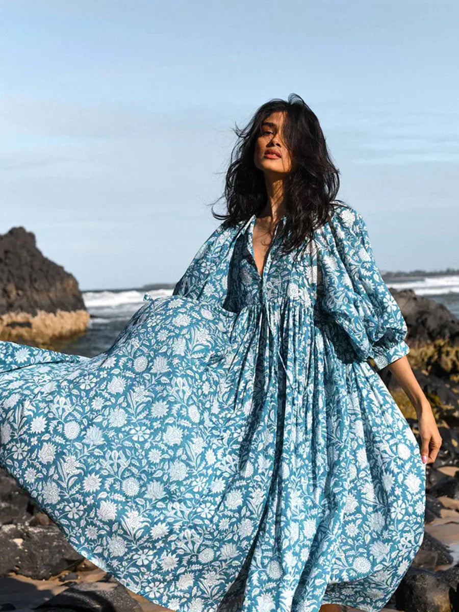 Robe Longue Femme - Fluide et Légère - Manches Bouffantes - Imprimé Fleuri Boho