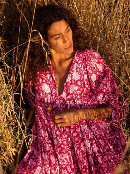 Robe Longue Femme - Fluide et Légère - Manches Bouffantes - Imprimé Fleuri Boho