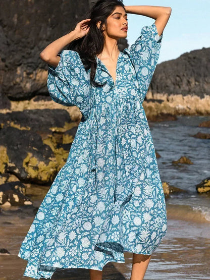 Robe Longue Femme - Fluide et Légère - Manches Bouffantes - Imprimé Fleuri Boho