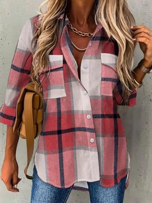 Blouse femme – Coupe ample – Manches longues – Carreaux – Tissu respirant