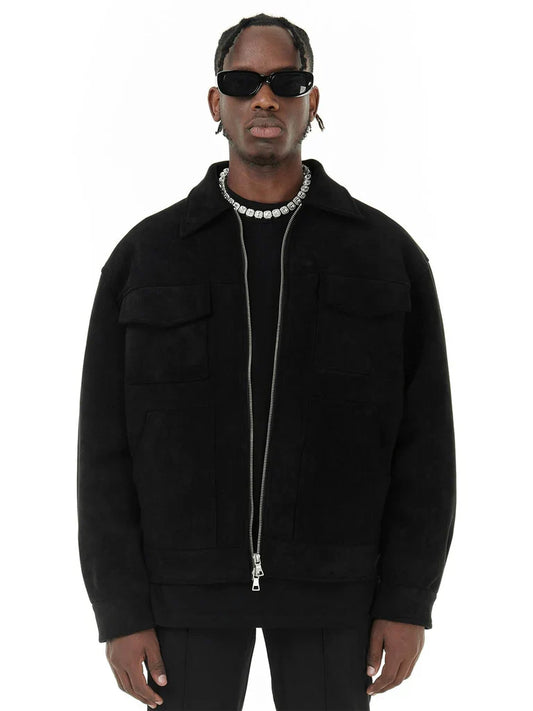 Veste homme – Coupe oversize – Finition suédée – Poches poitrine – Fermeture zippée