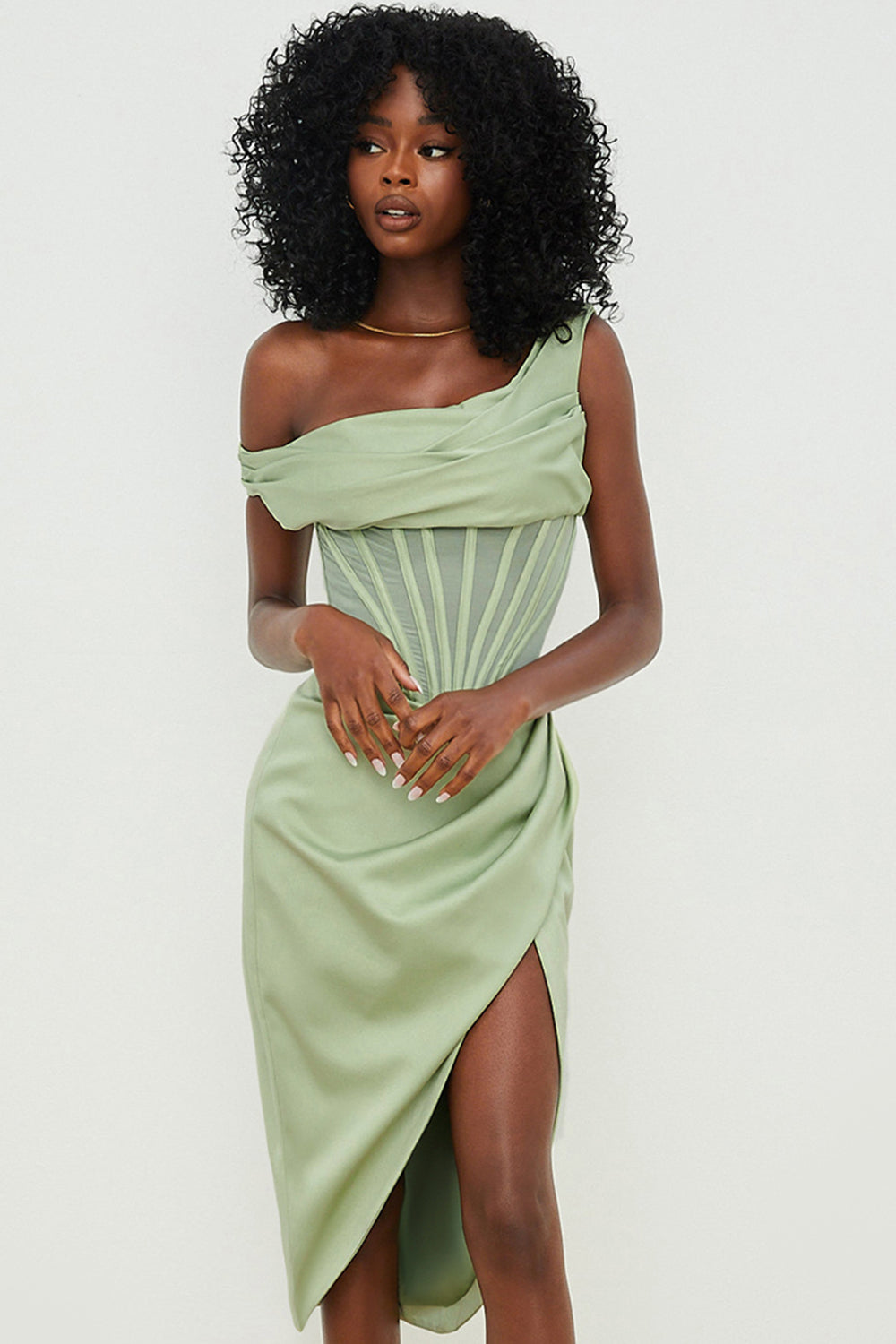 Robe midi femme – Satin lisse – Épaules dénudées – Corset structurant – Coupe ajustée