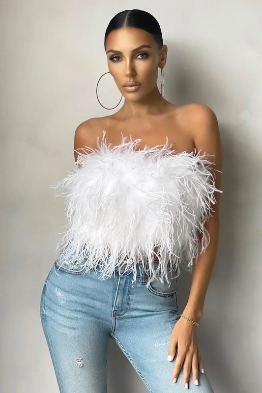 Top court femme – Sans bretelles – Détail plume – Coupe moulante élégante