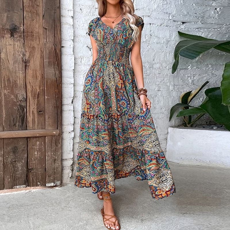 Elli - Robe bohème élégante avec taille élastique et col V