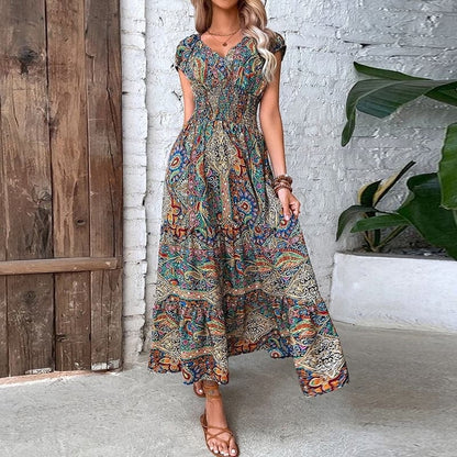 Elli - Robe bohème élégante avec taille élastique et col V