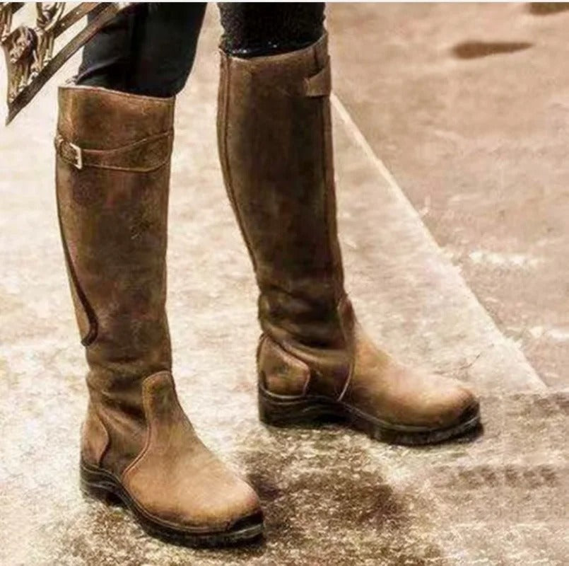 Bottes femme hautes en cuir – Coupe ajustée – Sangle boucle – Semelle antidérapante