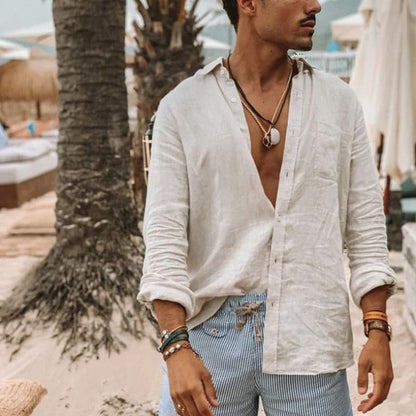 Robin - Chemise tendance en lin avec col et patte de boutonnage