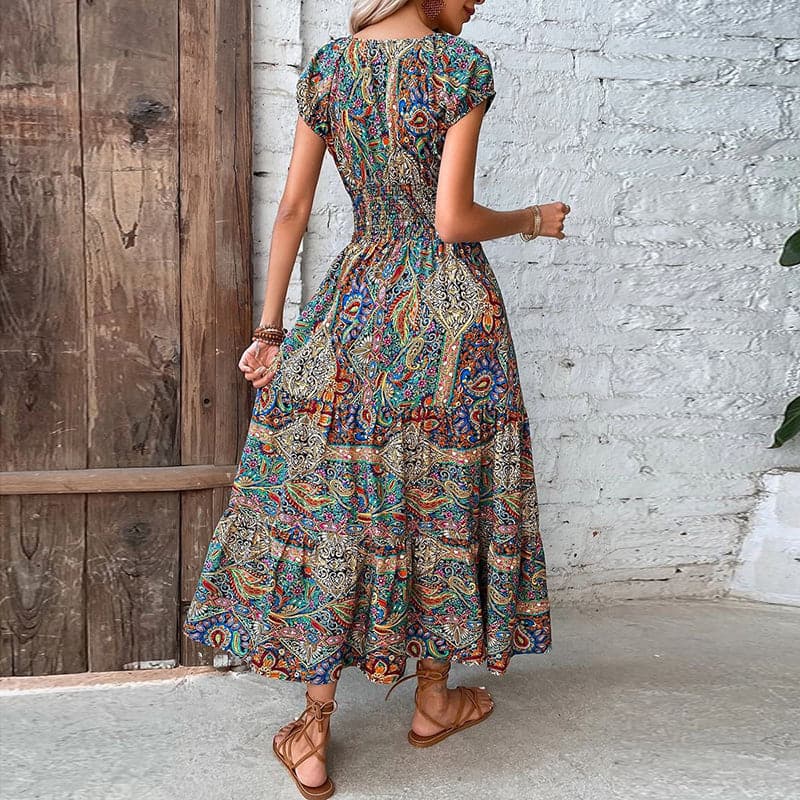 Elli - Robe bohème élégante avec taille élastique et col V