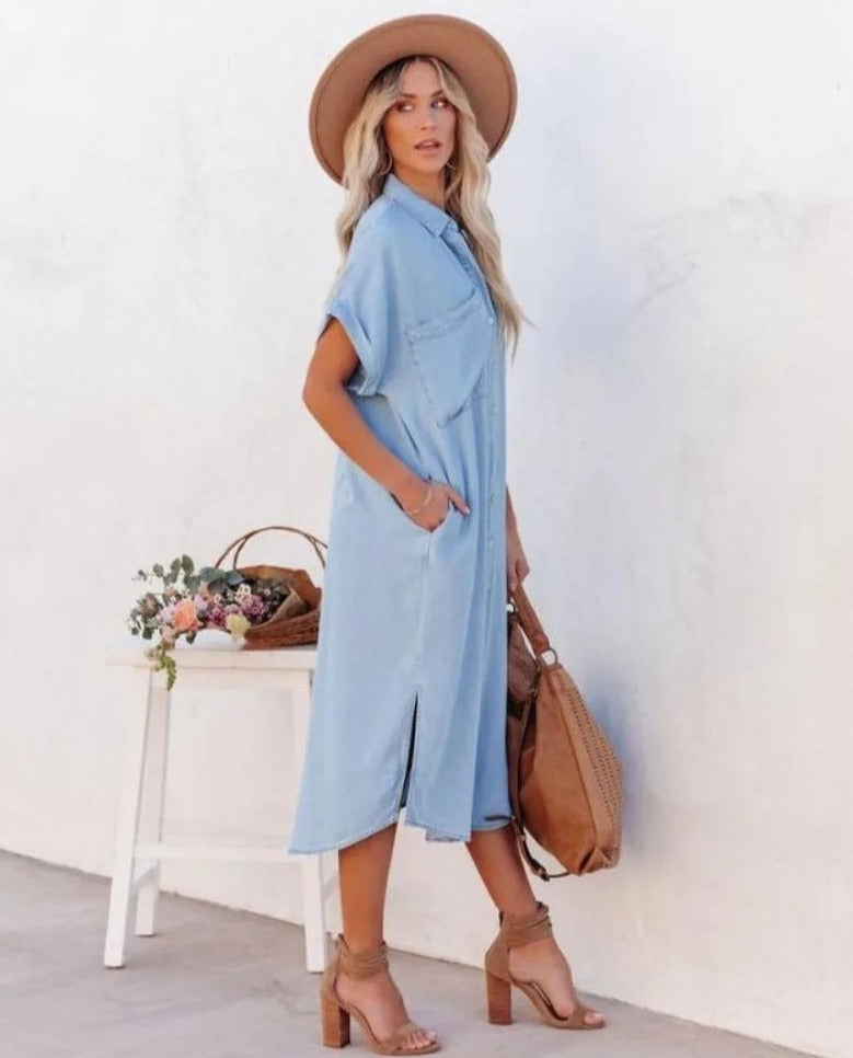 Robe chemise femme – Coupe décontractée – Manches courtes – Tissu respirant doux