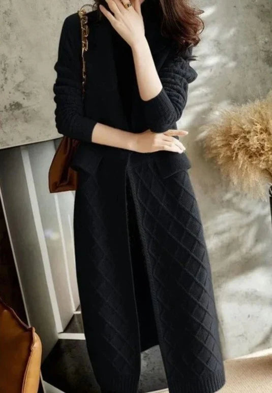 Cardigan long femme – Maille laine – Coupe décontractée – Devant ouvert – Motif losange