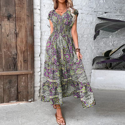 Elli - Robe bohème élégante avec taille élastique et col V