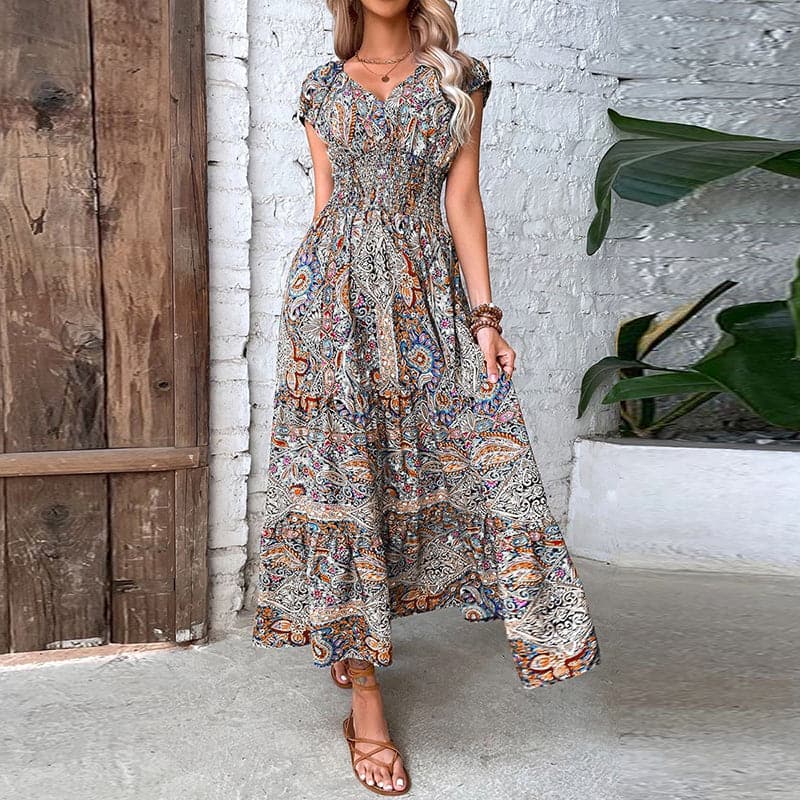 Elli - Robe bohème élégante avec taille élastique et col V