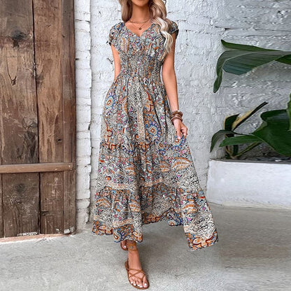 Elli - Robe bohème élégante avec taille élastique et col V
