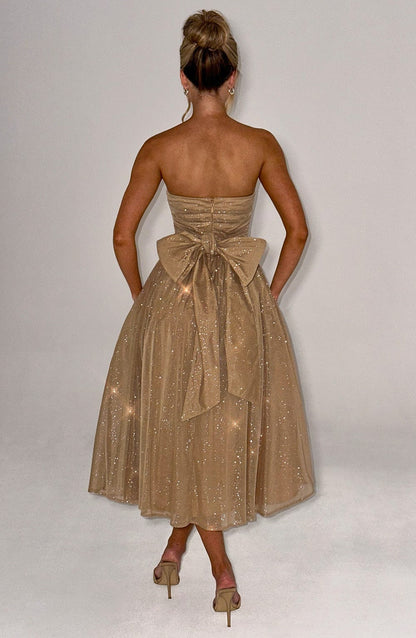 Robe de Soirée Femme - Sans Bretelles - Coupe Cintrée - Jupe Mi-Longue Brillante