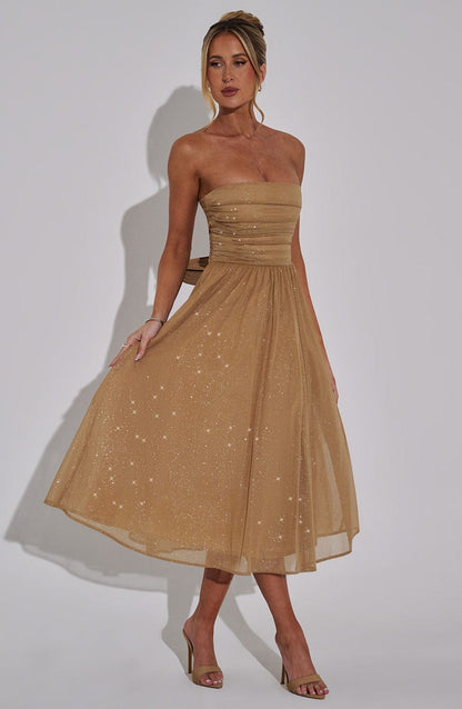 Robe de Soirée Femme - Sans Bretelles - Coupe Cintrée - Jupe Mi-Longue Brillante