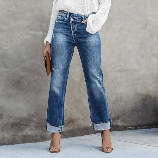 Femme Jean - Tissu Denim - Taille Haute - Coupe Slim - Revers Roulés