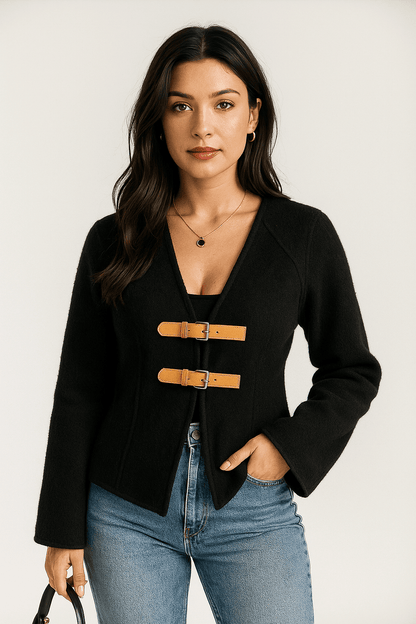 Veste blazer femme – Coupe cintrée – Encolure en V – Style laine – Fermeture à boucle