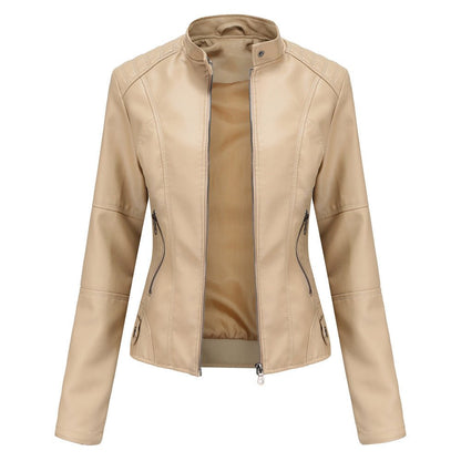 Veste en cuir femme – Coupe ajustée – Col droit – Manches longues – Poches zippées