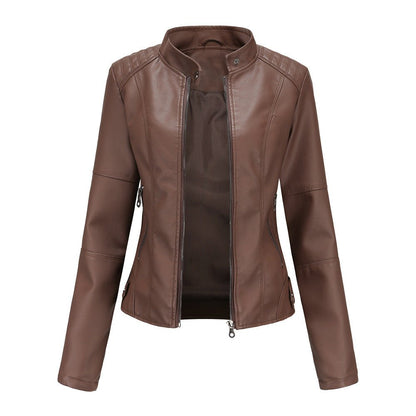 Veste en cuir femme – Coupe ajustée – Col droit – Manches longues – Poches zippées