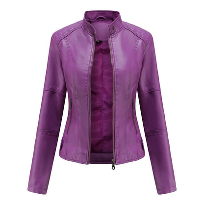 Veste en cuir femme – Coupe ajustée – Col droit – Manches longues – Poches zippées